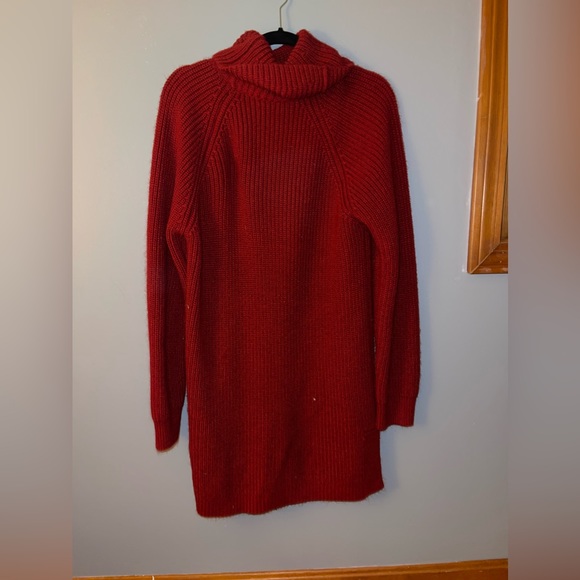Deep Red Turtleneck Sweater Dress with Slit Sides - Picture 2 of 4
